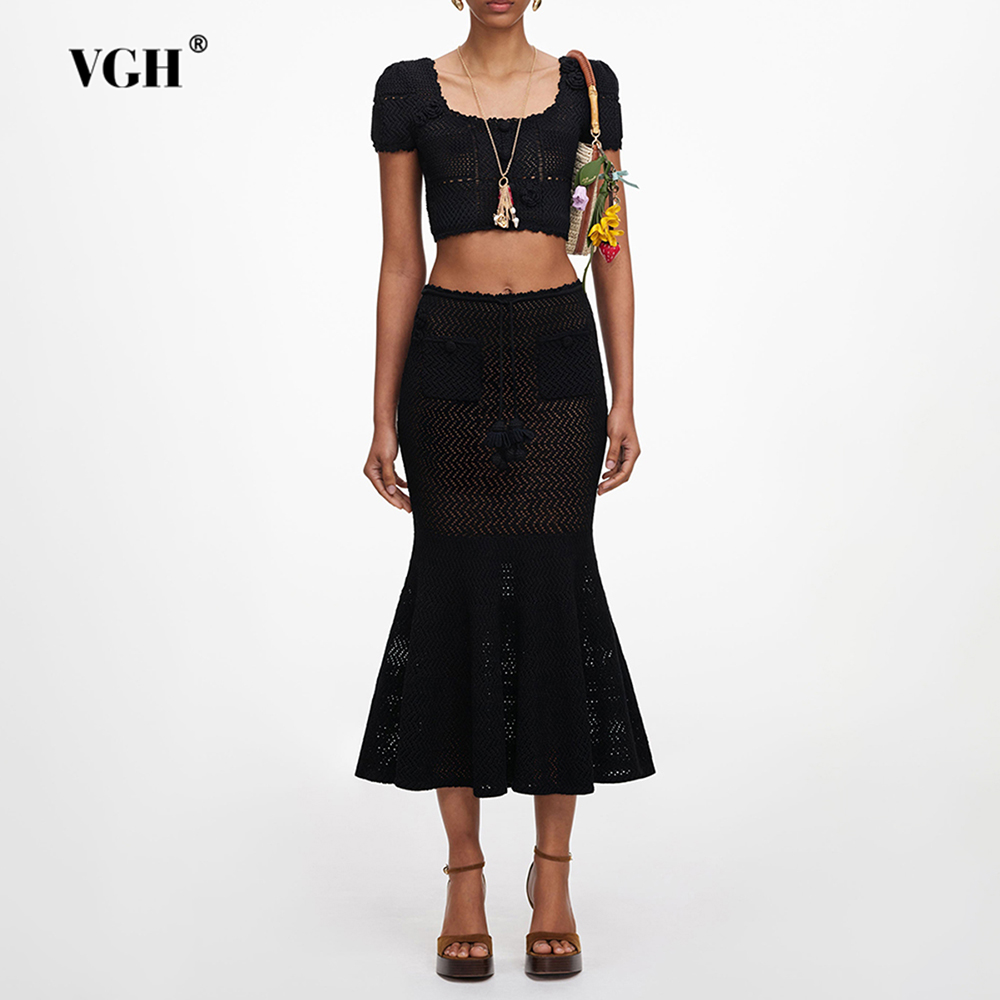 Crop Top Crochet - Conjunto de Duas Peças VGH Preto